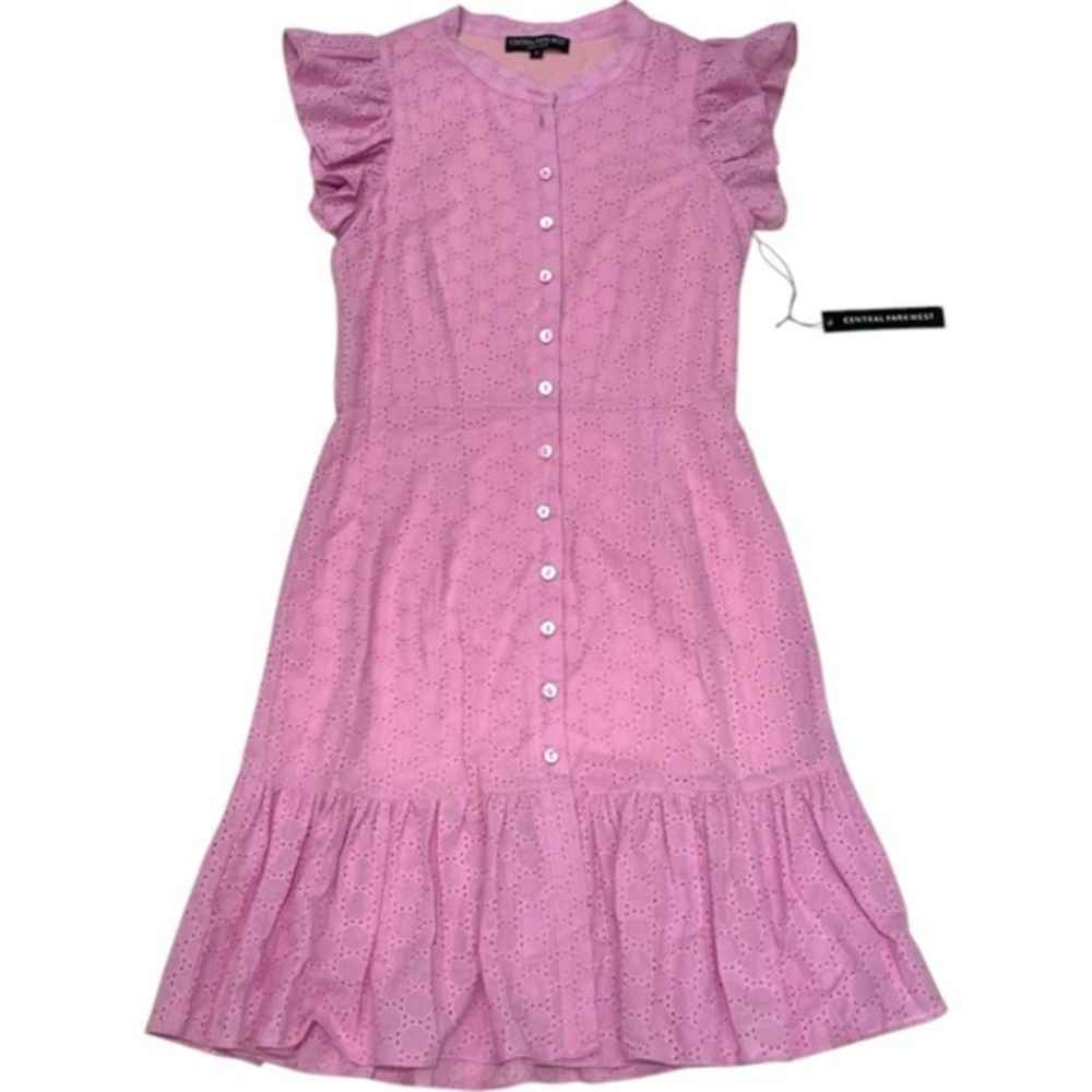 Central Park West Eyelet Dress Ruffle Sleeve Button Front Pink S